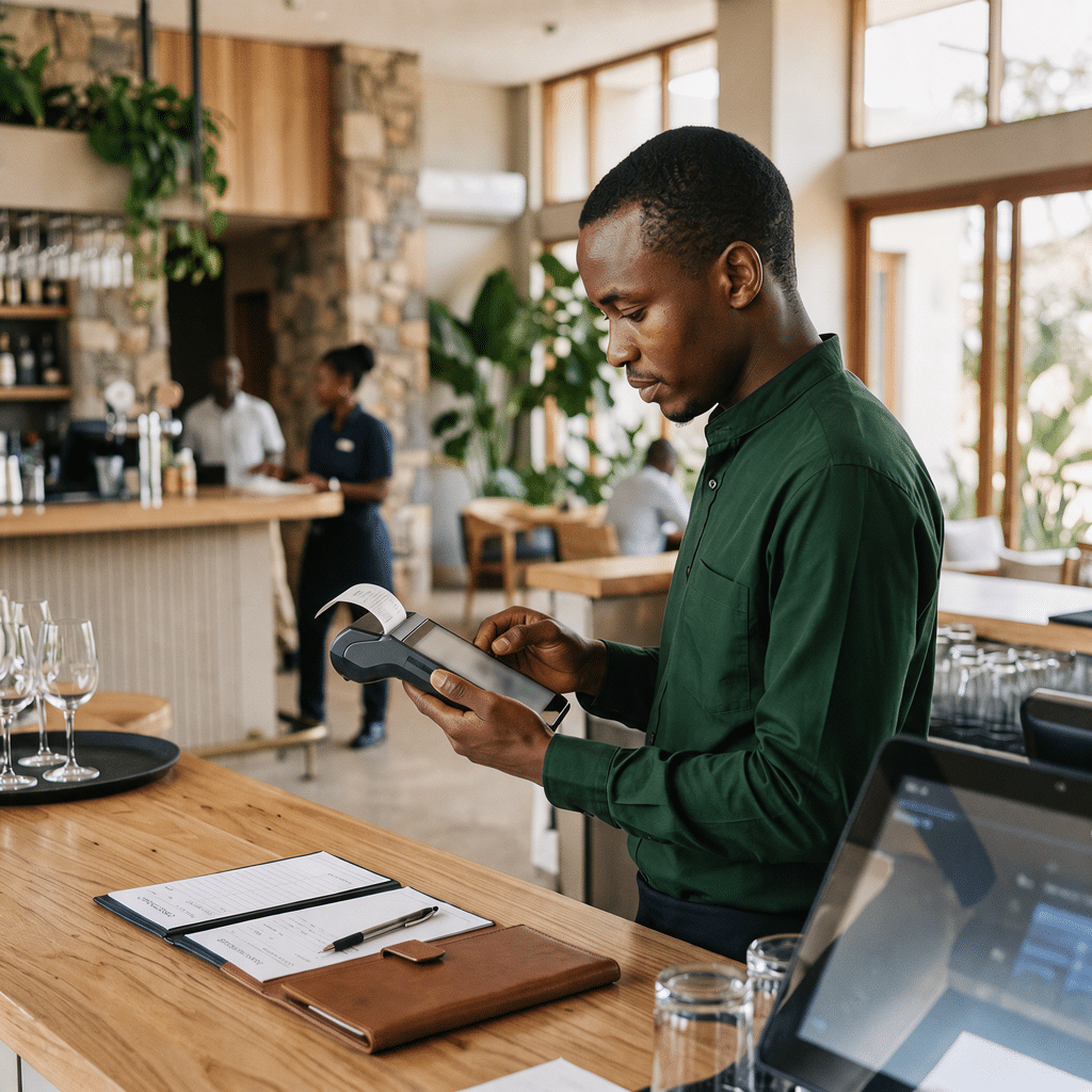 Hotel restaurant employee using a handheld terminal beside a counter with documents.